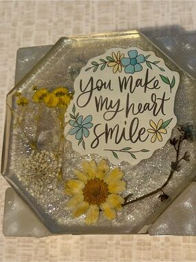 Unlisted Artisanal Resin Floral Coaster Set with Yellow and Blue Accents